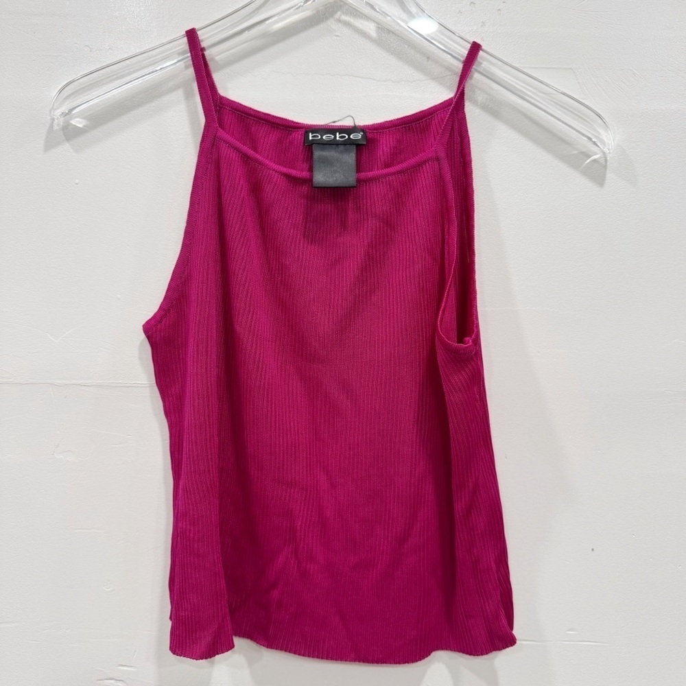 Bebe Y2K Raspberry Pink Spaghetti Strap Ribbed Tank Top Semi-Sheer Vintage